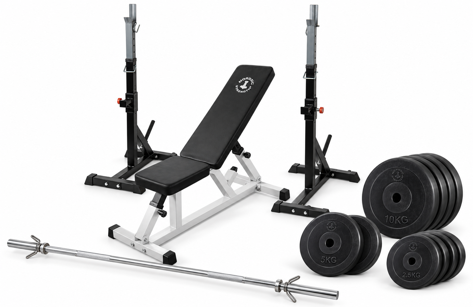 Hjemmetræningssæt Med Bænk  Squat Rack Og 60 Kg Vægtskiver  30 Mm